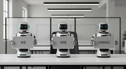 Robots Hiring Concept – Futuristic Recruitment Copy Space Poster, robot hiring, futuristic recruitment, AI hiring, recruitment poster, hiring concept, copy space design, robot workforce, digital hire
