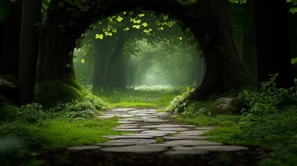 Lush green forest pathway leading into a serene nature scene
