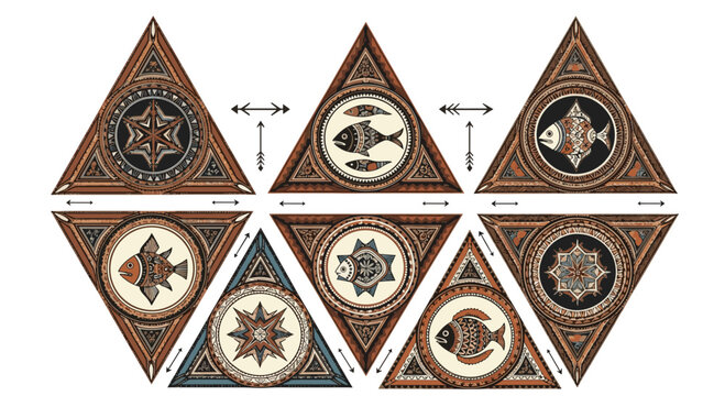 Triangular decorative elements with tribal patterns and fish and star motifs.