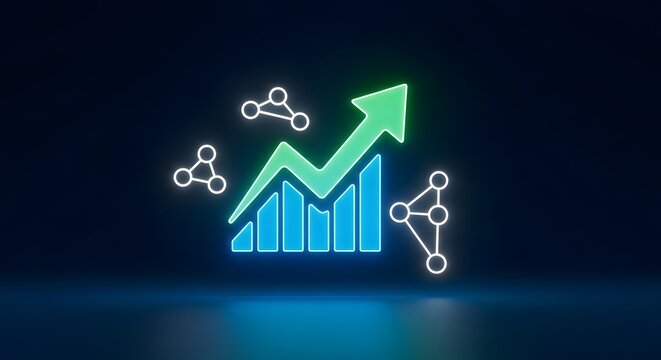 Neon financial growth chart with network connections on dark background