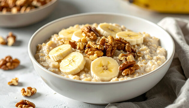 Healthy breakfast bowl, oatmeal with bananas and walnuts, tasty meal.