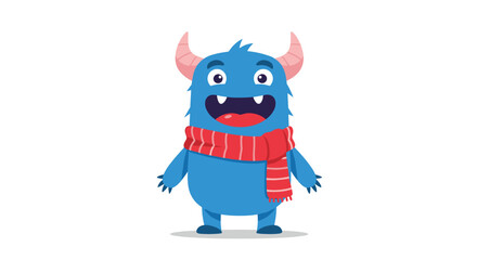 Fototapeta premium Cute blue monster with horns and a red scarf stands on a white background.