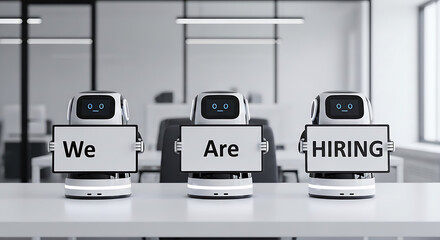 Robots Hiring Concept – Futuristic Recruitment Copy Space Poster, robot hiring, futuristic recruitment, AI hiring, recruitment poster, hiring concept, copy space design, robot workforce, digital hire
