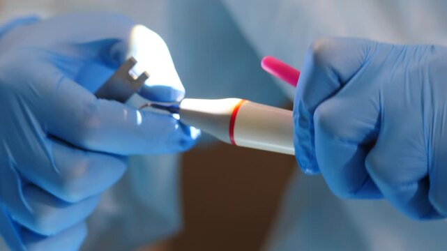 Professional dental teeth cleaning in modern dental clinic. closeup shot. Real footage of woman getting teeth treatment by professional dentists. Dental care concept. Getting rid of plaque and