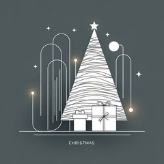 Simple lines and lights to depict a Christmas tree and two box gifts in a clean style, white and gray colors