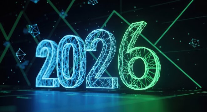 Futuristic Digital Year 2026 Network Background with Geometric Shapes