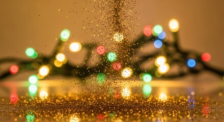 Golden Glitter Falling Amidst Blurry Colorful Christmas Lights Decoration