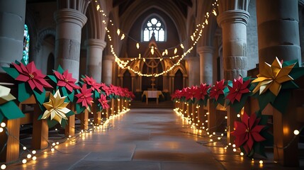 Festive christmas decorations adorn church nave photos