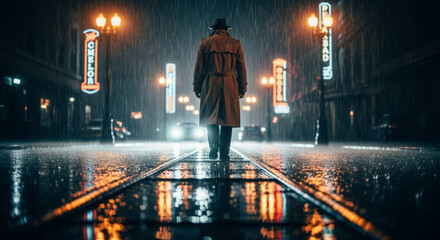 Lone figure walks down a rainy neon-lit street reflections shimmering on wet tracks.