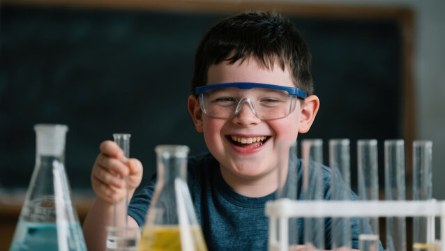 Joyful boy in safety goggles laughs while conducting a science experiment with beakers and test tubes.