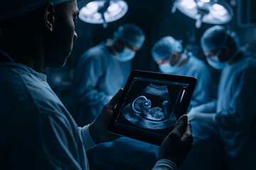 Surgeon studies ultrasound on tablet while surgical team works in operating room.