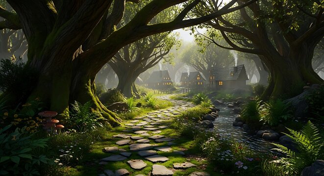 Stone path winding through a sunlit forest landscape with small houses