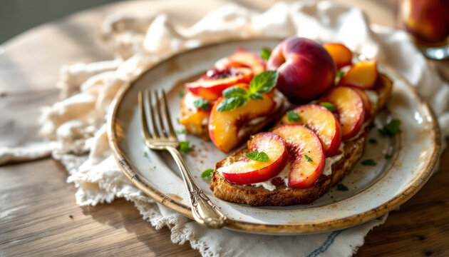 Toasted bread with creamy cheese sliced peaches and fresh mint garnish artfully arranged on a plate.