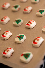 festive baked goods arranged carefully, precisely aligned cookies with seasonal decorations ready