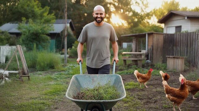 Joyful gardener pushes wheelbarrow in sunny rural backyard with free-range chickens, embodying a fulfilling, simple outdoor lifestyle
