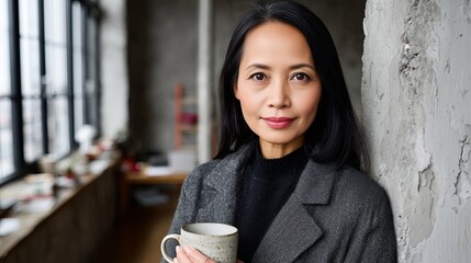 Woman enjoying tea in a modern loft space during winter morning