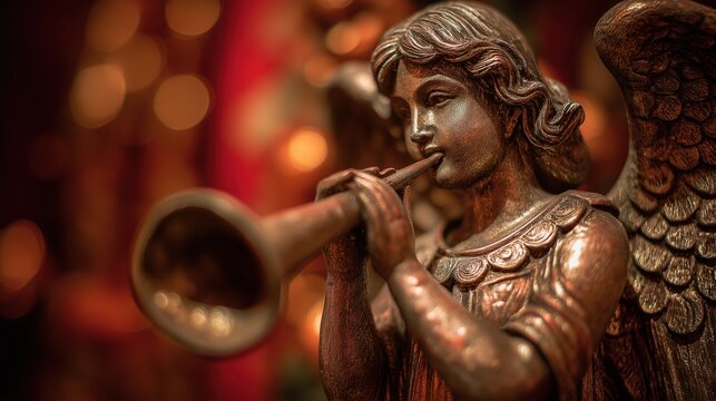 Bronze Angel Playing Trumpet Christmas Ornament Closeup