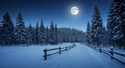 A snowy path winds through a dense forest under a bright full moon and a starry night sky