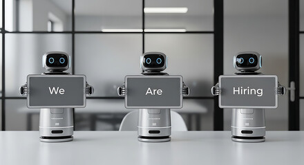 Robots Hiring Concept – Futuristic Recruitment Copy Space Poster, robot hiring, futuristic recruitment, AI hiring, recruitment poster, hiring concept, copy space design, robot workforce, digital hire
