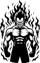 Incensed Demonic Figure with Torches Black And White Silhouette Of Vector With White Background 