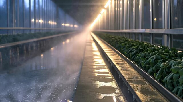 Automated greenhouse robot hydroponic lettuce mist irrigation indoor farm stainless steel LED lighting conveyor modern agriculture vapor clean