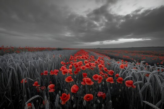 Dramatic red poppies stand out in a field of wheat under a stormy, overcast sky