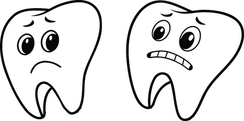 Sad cartoon tooth duo illustration showing emotional expressions. Clean black and white dental character artwork. Perfect for oral health designs and children’s educational themes. 