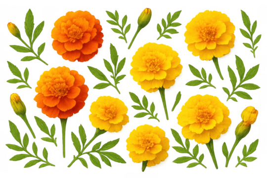 Set of various marigold flowers, closed buds, and separate green leaves, offering detailed botanical elements