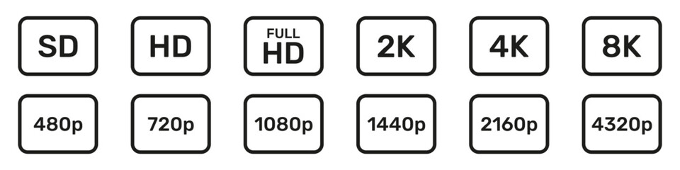 Video Resolution Icons Set. Display Quality And Screen Resolution Symbol Collection. Multimedia And Technology Use. Video Quality or Resolution Icons. Isolated Vector Illustration