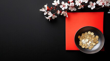 A flat lay composition featuring a red envelope, a bowl filled with gold coins, and a branch of white cherry blossoms against a dark background.