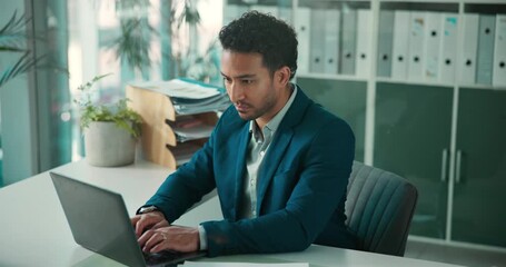 Finance, businessman and typing in office with laptop for compliance report, budget proposal and info. Person, research and email in workplace with computer, financial planning and risk management. - Powered by Adobe