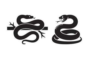 Two silhouetted snakes one coiled on a branch