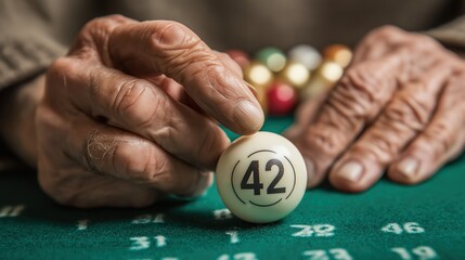 Elderly Hands Revealing Bingo Ball 42