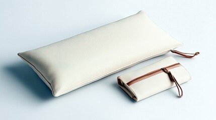 A large rectangular pouch and a smaller folded pouch, both cream-colored with brown zipper details, are displayed on a smooth, light blue surface.