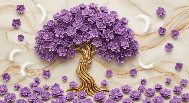 Elegant Decorative Tree Design with Purple Petals and Marble Texture