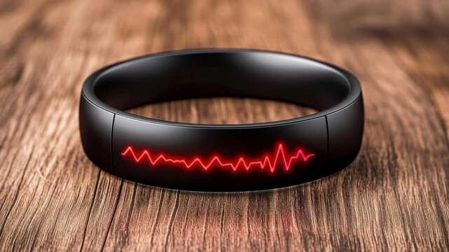 Black fitness band red heartbeat wearable tracker smart bracelet health monitor wooden table, modern gadget with sporty style, minimal design pulse