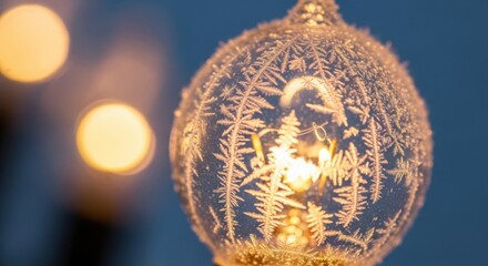 Winter frost illuminates an old light bulb with warm yellow light