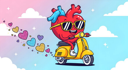 Happy Heart Character Riding a Scooter Spreading Love