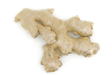 Whole ginger root displayed on plain white studio background.