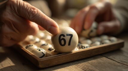 Senior Hands Picking Number Sixty Seven