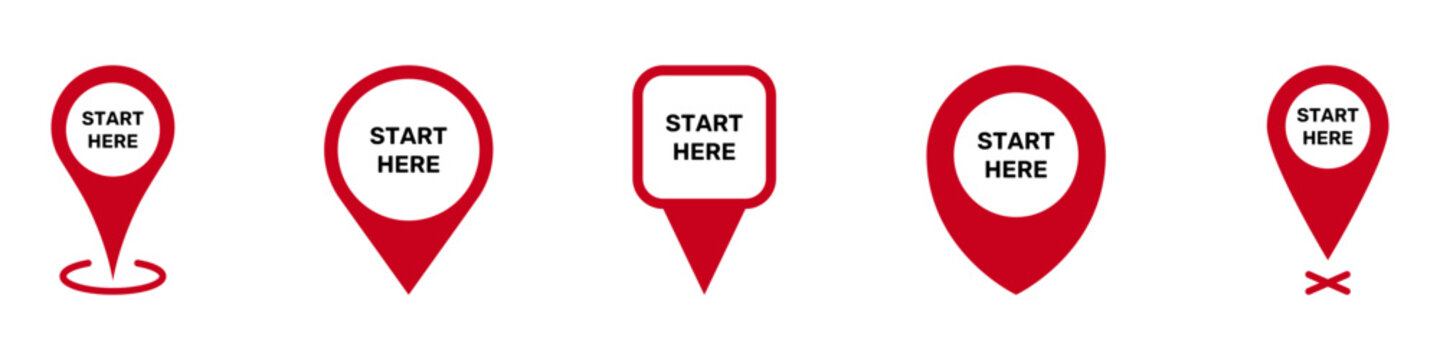 Red Location Pin Symbol Collection. Start Here with Map Icon Set. Start Here Map Pointer Signs. GPS Location Symbol. Isolated Vector Illustration