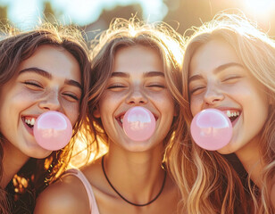Happy young women blowing pink bubble gum