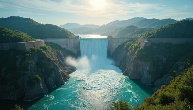 Huge concrete dam with cascading water in green mountain valley. Reservoir behind massive structure creates powerful waterfall flowing into river below. - Powered by Adobe
