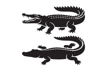Two black silhouettes of alligators facing opposite directions