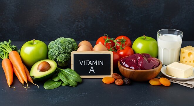 Discover essential Vitamin A rich foods including liver, carrots, spinach, eggs, tomatoes, apples, broccoli, avocado, butter, cheese, milk, and dried apricots for vibrant health.