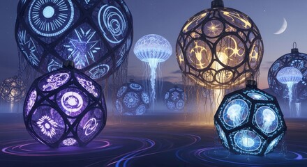 Mysterious Orb Lanterns Illuminate Ethereal Night Landscape