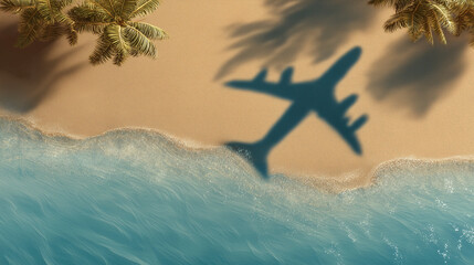 Airplane Shadow Over Tropical Beach Shore Plane Silhouette Casting Over Coastline and Palm Trees Travel Concept