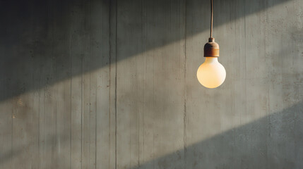lone ultrabright light bulb hangs against textured wooden wall illuminating sparse neutraltoned room