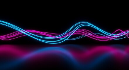 Abstract wavy lines of blue and pink neon light on a black background, representing sound or data flow