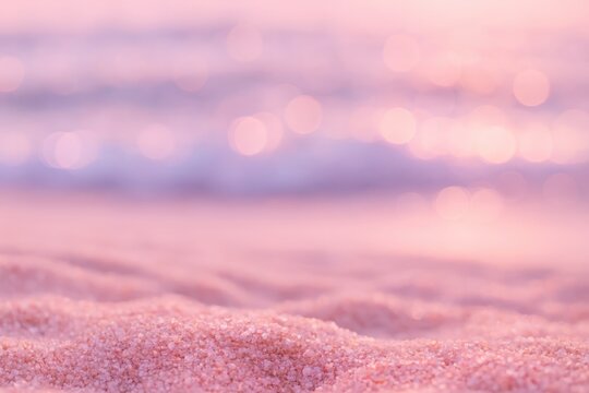 Dreamy pink sand beach with soft sunset light creating an ethereal, calming coastal scene, perfect for romantic getaways and peaceful vacation vibes